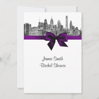 Philadelphia Skyline Etch BW Purpl V Bridal Shower Invitation