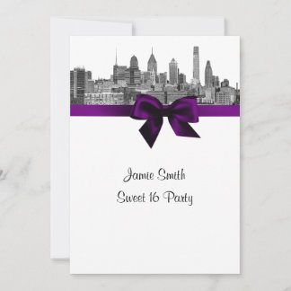 Philadelphia Skyline Etch BW Purpl V Sweet Sixteen Invitation