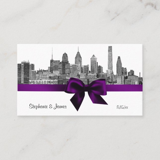 Philadelphia Skyline Etch BW Purple Escort Cards (Front)