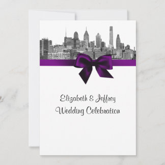 Philadelphia Skyline Etch BW Purple V Wedding Invitation
