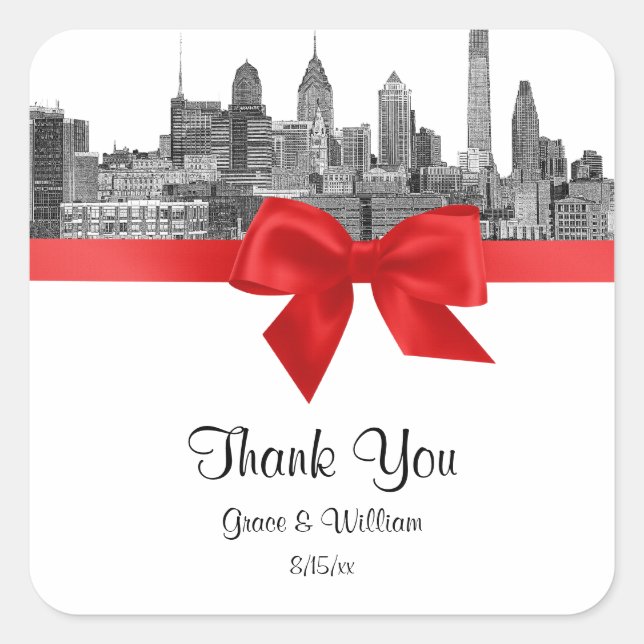 Philadelphia Skyline Etch BW Red Favour Tag (Front)