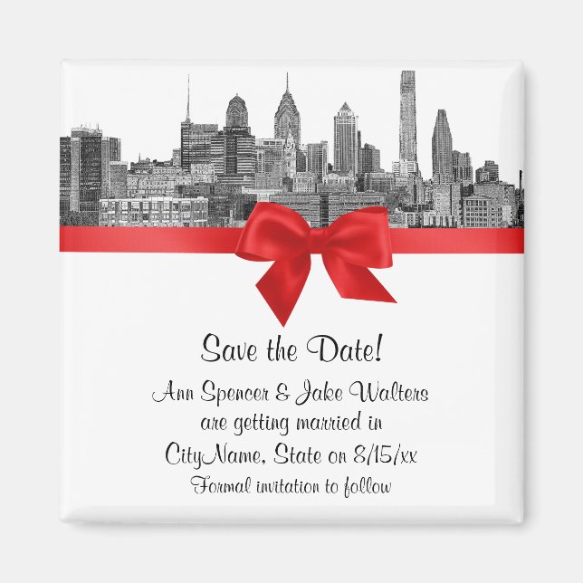 Philadelphia Skyline Etch BW Red Save the Date Magnet (Front)