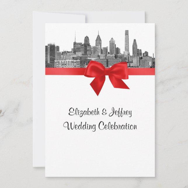 Philadelphia Skyline Etch BW Red V Wedding Invitation (Front)