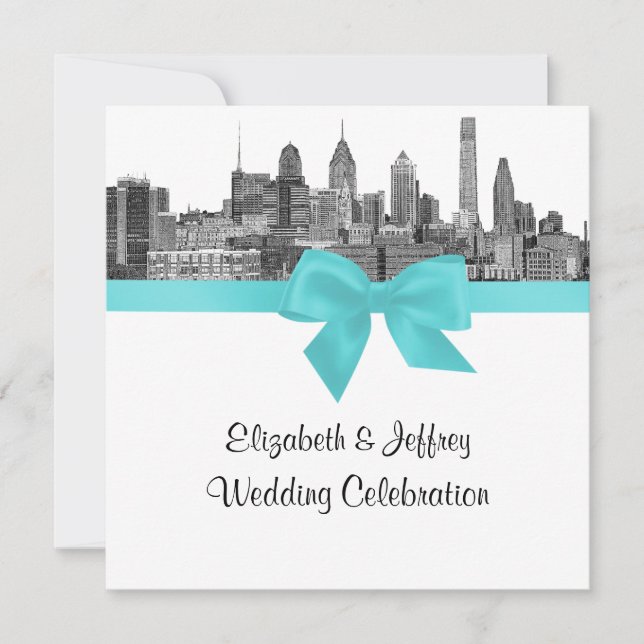 Philadelphia Skyline Etch BW Robin Egg Blu Wedding Invitation (Front)