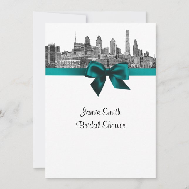 Philadelphia Skyline Etch BW Teal V Bridal Shower Invitation (Front)