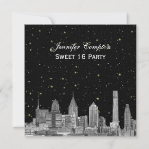 Philadelphia Skyline Etch Starry DIY SQ Sweet 16 Invitation