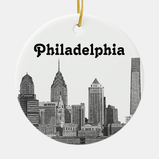 Philadelphia Skyline Etched Ceramic Tree Decoration (Front)