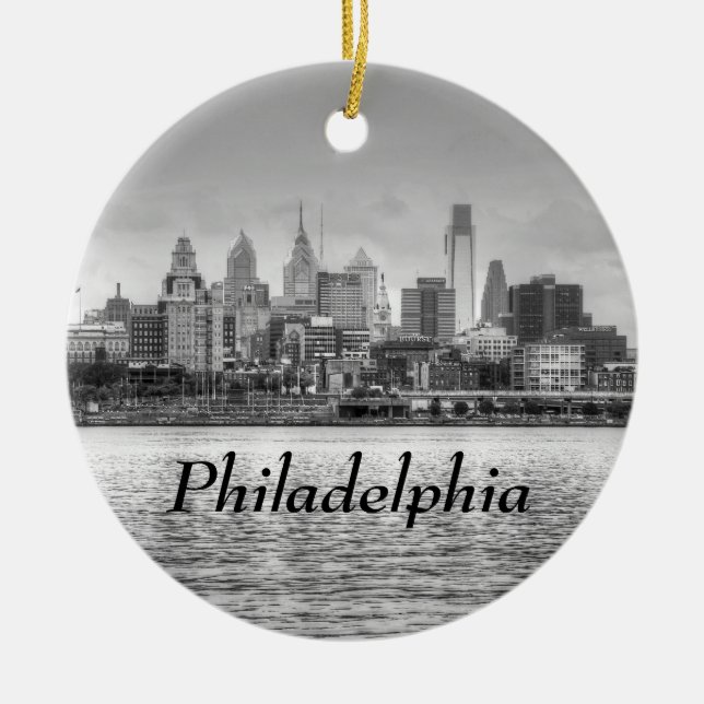 Philadelphia skyline in black and white ceramic tree decoration (Front)