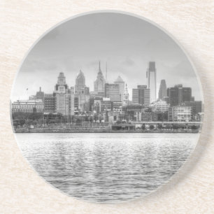 Philadelphia skyline in black and white coaster