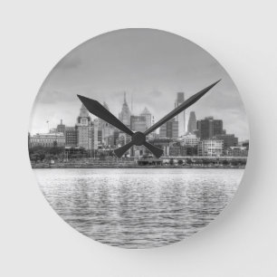 Philadelphia skyline in black and white round clock