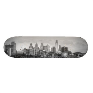 Philadelphia skyline in black and white skateboard