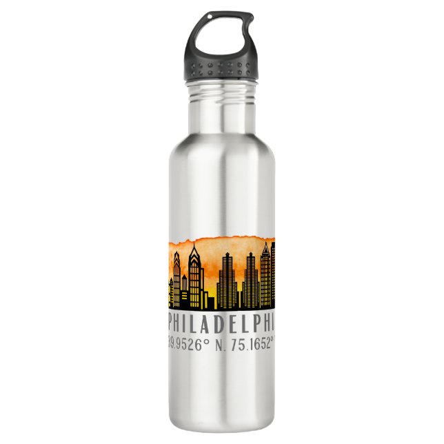 Philadelphia Skyline Map Coordinates  710 Ml Water Bottle (Front)