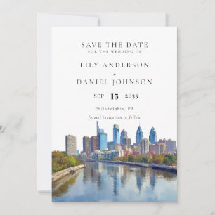 Philadelphia Skyline Watercolor Elegant Wedding Save The Date