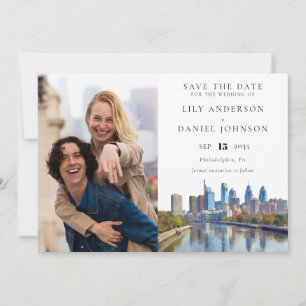 Philadelphia Skyline Watercolor Photo Wedding Save The Date