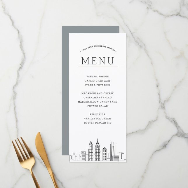 Philadelphia Skyline | Wedding Event Dinner Menu (Front/Back In Situ)