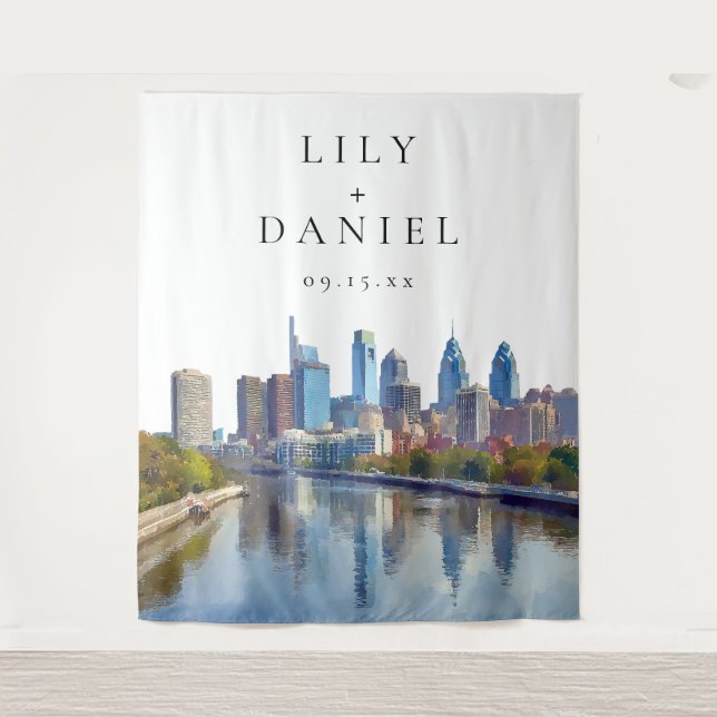 Philadelphia Skyline Wedding Photo Backdrop Tapestry (Front)