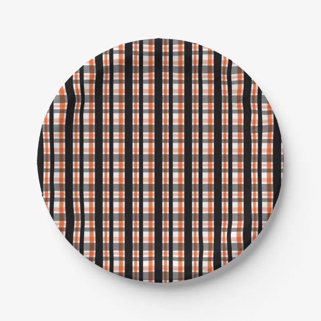 Philadelphia Sports Fan Black Orange White Plaid Paper Plate (Front)