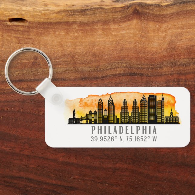 Philadelphia Sunset Skyline Map Coordinates  Key Ring (Back)