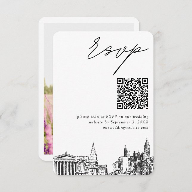 Philadelphia Wedding Modern RSVP QR Code Enclosure Card (Front/Back)