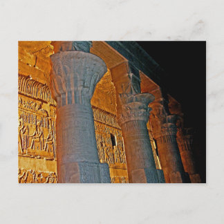 Philae Temple Hieroglyphs and Columns at Night Postcard