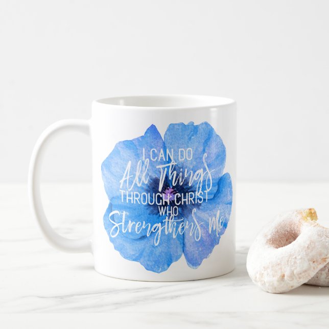 Philippians 4:13 Beautiful Blue Flower Design Coffee Mug (With Donut)