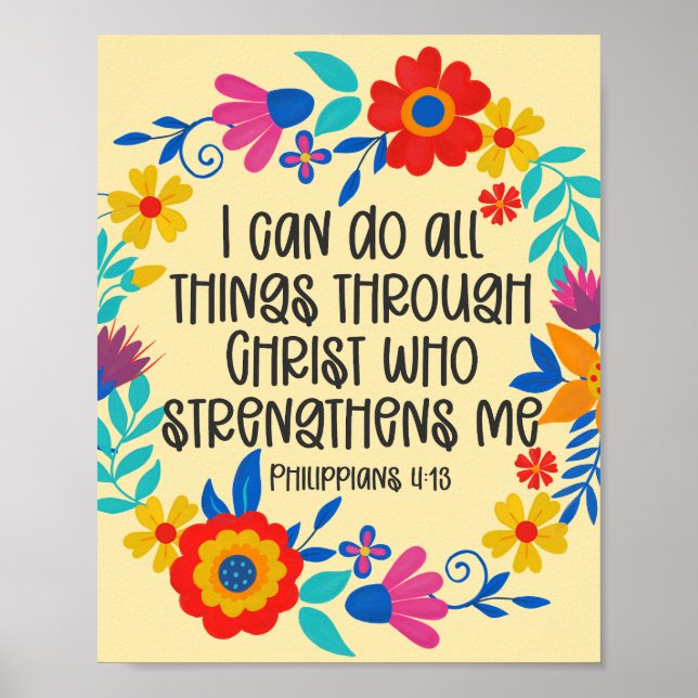Philippians 4:13 Bible Scripture Folk Art Floral Poster (Front)
