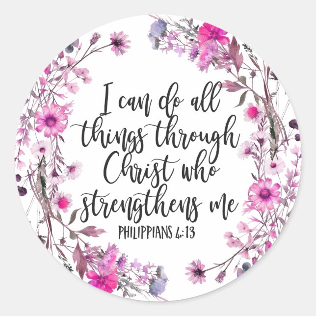 Philippians 4:13 Bible Scripture Pink and Purple Classic Round Sticker (Front)