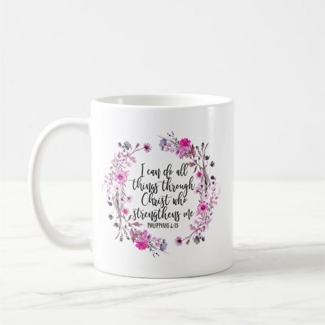 Philippians 4:13 Bible Scripture Pink and Purple Coffee Mug (Left)