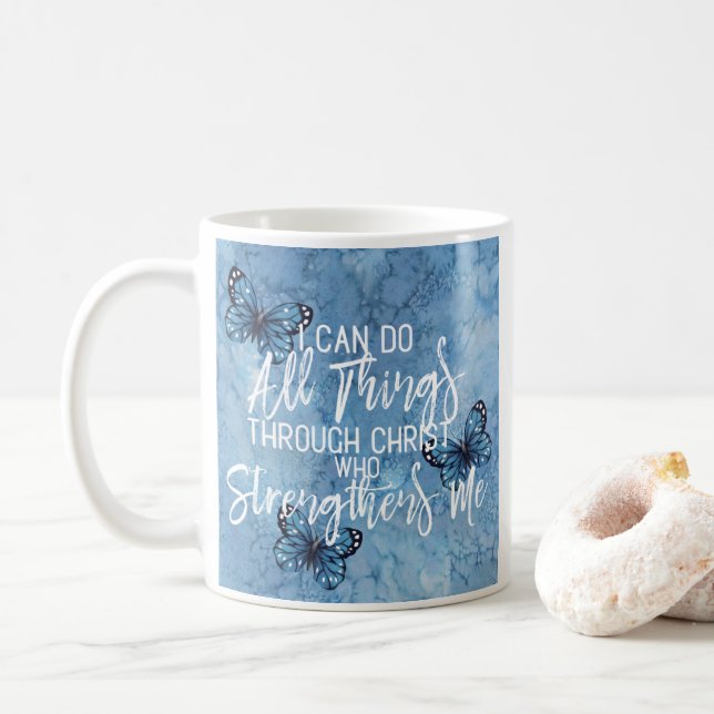 Philippians 4:13 Blue Floral Design Coffee Mug (With Donut)