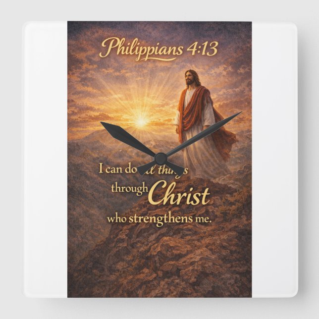 Philippians 4:13 Christian Square Wall Clock (Front)