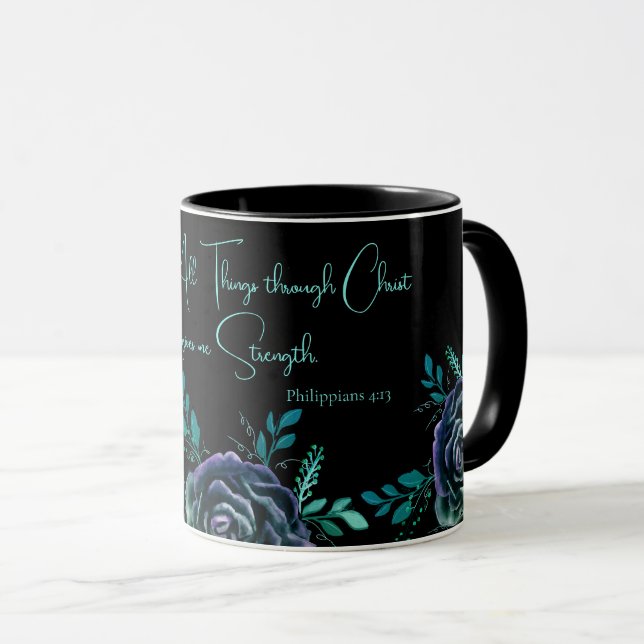 Philippians 4:13 I Can Do All Things Black Floral Mug (Front Right)
