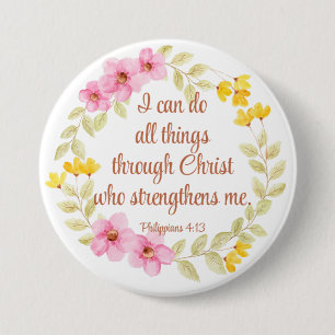 Philippians 4:13 Pink and Yellow Floral Scripture 7.5 Cm Round Badge