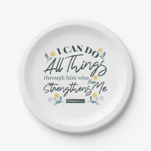 Philippians 4:13 with floral art white ver paper plate