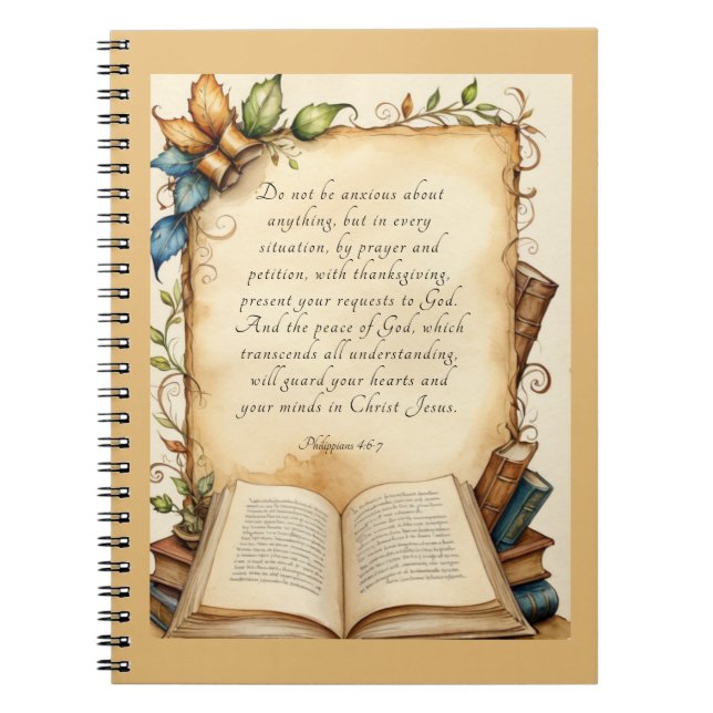 Philippians 4:6-7 Christian Bible Verse Art Notebook (Front)