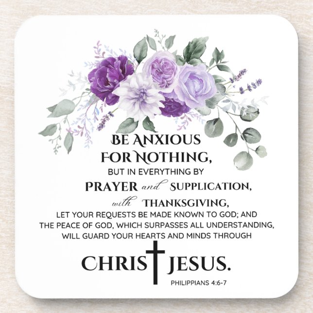 Philippians 4:6-7 Scripture Purple Flowers Coaster (Front)