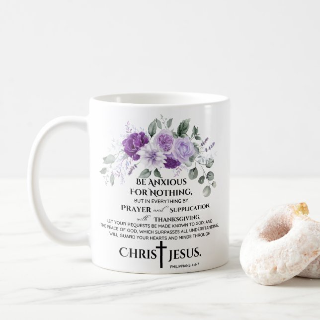 Philippians 4:6-7 Scripture Purple Flowers Coffee Mug (With Donut)