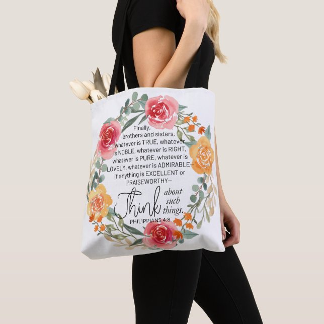 Philippians 4:8 Pink and Yellow Floral Wreath Tote Bag (Close Up)
