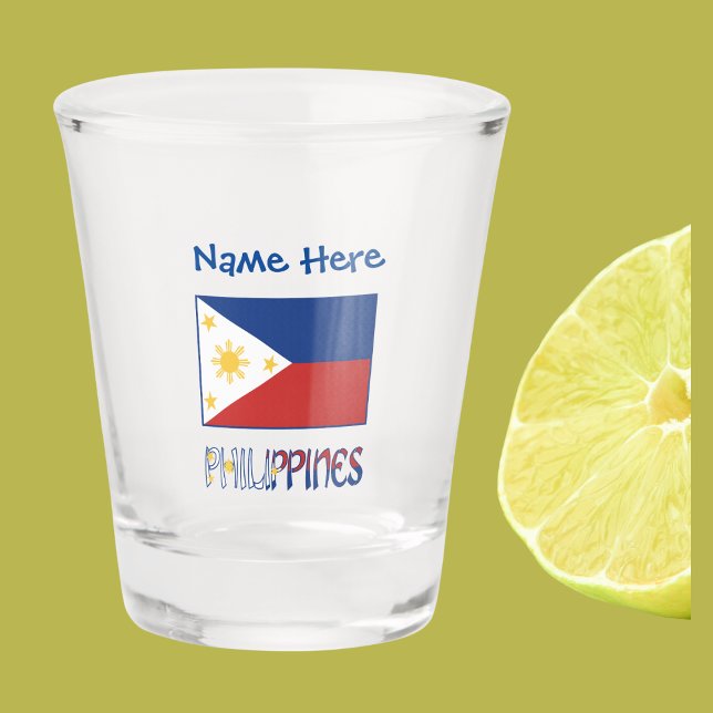 Philippines and Filipino Flag Red Personalisation  Shot Glass (Personalized shot glass with Filipino Flag and word PHILIPPINES below in flag colors. Above add name)