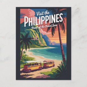 Philippines Beach Illustration Travel Art Vintage Postcard