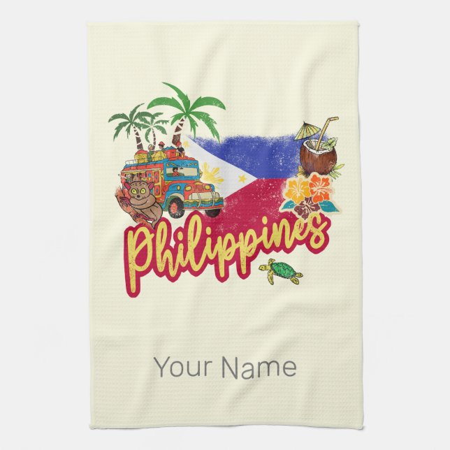 Philippines Vintage Tarsier Flag Palm Souvenir Tea Towel (Vertical)