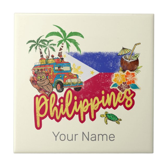 Philippines Vintage Tarsier Flag Palm Souvenir Tile (Front)