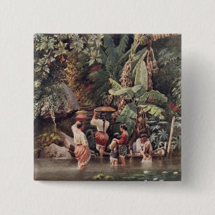 Philippino Women Washing Beneath a Banana Tree, 18 15 Cm Square Badge