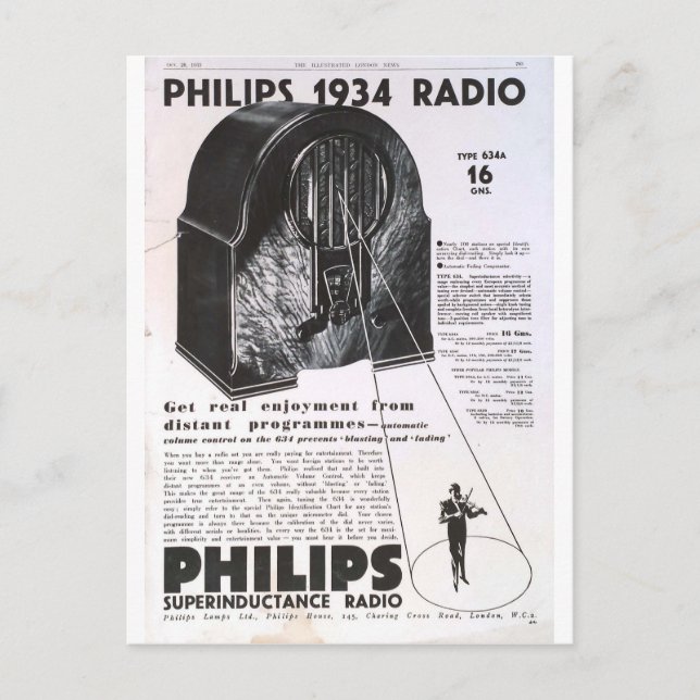 Philips 1934 radio retro antique advertisement postcard (Front)