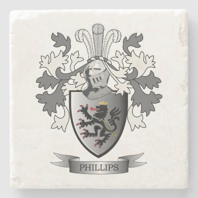 Phillips Family Crest Coat of Arms Stone Coaster (Front)