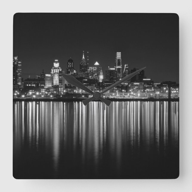 Philly night b/w square wall clock (Front)