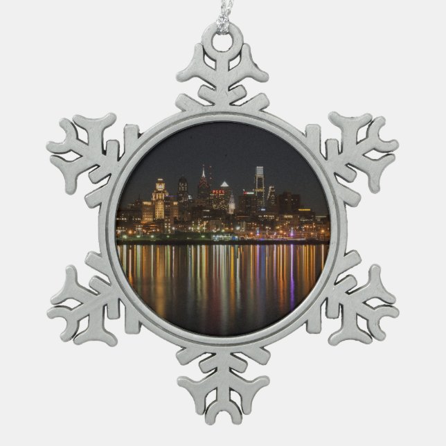 Philly night snowflake pewter christmas ornament (Front)