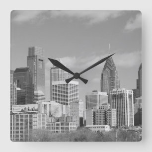 Philly skyscrapers black and white square wall clock