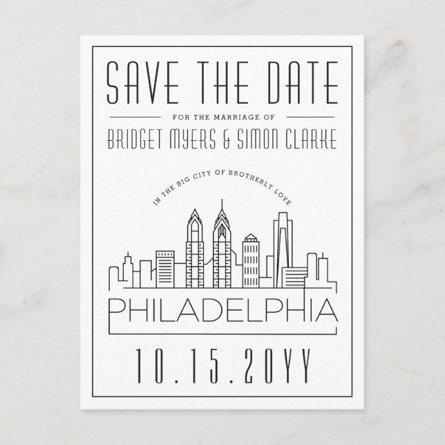 Philly Wedding | Stylised Skyline Save the Date Postcard (Front)