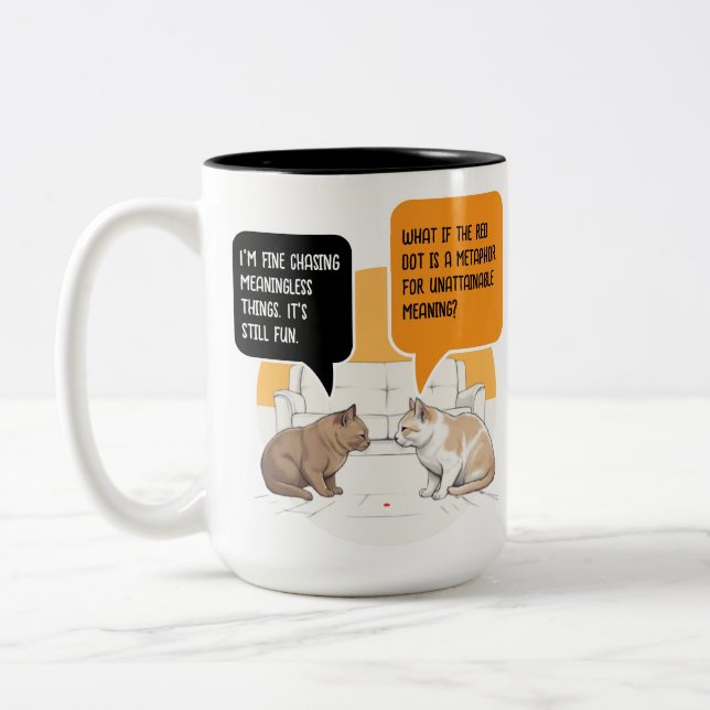 Philosophy Cat Red Dot Existential Humour Art Two-Tone Coffee Mug (Left)
