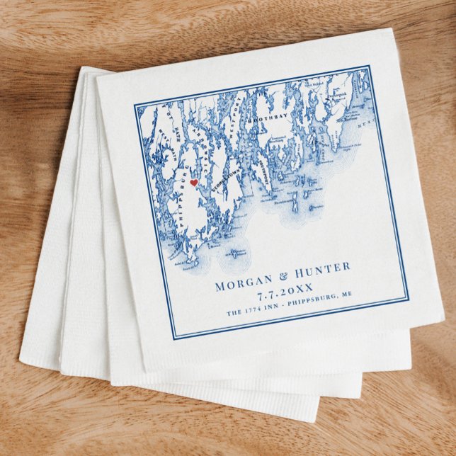 Phippsburg Maine Map Navy Elegant Wedding Napkin (These Phippsburg Maine wedding napkins are perfect for your coastal 1774 Inn destination wedding)